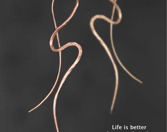 Long Copper Wave Earrings, Hammered Abstract Line Art, Modern Minimalist Jewelry