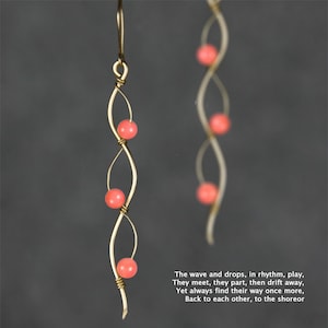 Wavy earrings, Long earrings, Pink coral, 14k gold filled, 14k rose gold filled, sterling silver, copper, free US shipping