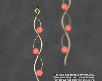 Wavy earrings, Long earrings, Pink coral, 14k gold filled, 14k rose gold filled, sterling silver, copper, free US shipping
