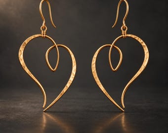 Abstract Open Heart Earrings, Hammered Gold Wire Dangles, Sculptural Minimalist Jewelry