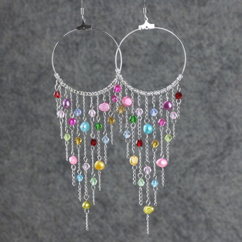 Rainbow earrings, Chandelier earrings, Hoop earrings, Statement earrings, Handmade jewelry, Personalized jewelry, Free US Shipping image 1