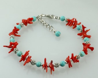 Turquoise coral bracelet, bridesmaid gift, gift for her, wedding gift, birthday gift, anniversary gift, gift for mom, free US shipping