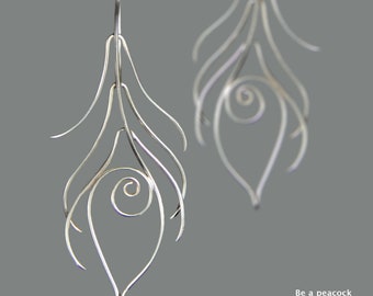 Peacock earrings, sterling silver earrings, handmade unique earrings, free US shipping