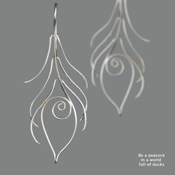 Peacock earrings, sterling silver earrings, handmade unique earrings, free US shipping