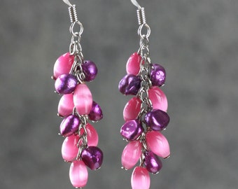Fuchsia pearl dangle earrings, bridesmaid gift, gift for her, wedding gift, birthday gift, anniversary gift, gift for mom, free US shipping