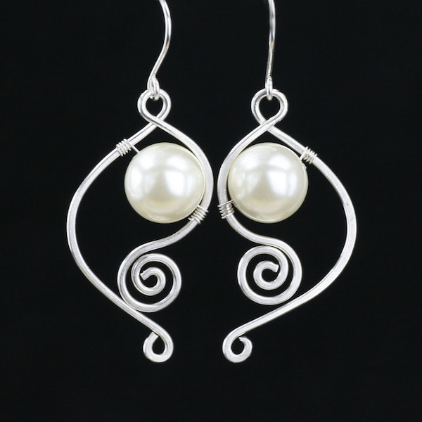 Pearl scroll dangle earrings, bridesmaid gift, gift for her, wedding gift, birthday gift, anniversary gift, gift for mom, free US shipping