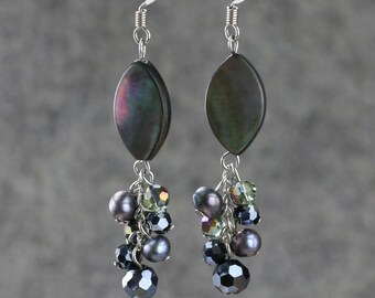 Abalone horse-eye shell, black fresh water pearl, faceted crystal glass, dangle earrings, free US shipping