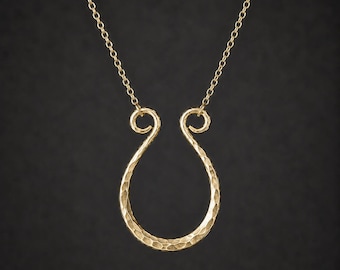 Horseshoe Ring Holder Necklace, Hand Forged Hammered Pendant, Gold Filled, Minimalist Jewelry