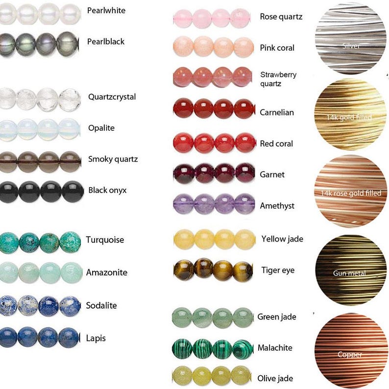 Op de afbeelding: Een collectie ronde edelsteenkralen en metaaldraadspoelen. De kralen omvatten parelwit, parelzwart, kwartskristal, opaliet, rookkwarts, zwarte onyx, turkoois, amazoniet, sodaliet, lapis, rozenkwarts, roze koraal, aardbeikwarts, carneool, rode koraal, granaat, amethist, gele jade, tijgeroog, groene jade, malachiet en olijfjade. De draadspoelen zijn zilver, 14k goud gevuld, 14k ros&eacute;goud gevuld, gunmetal en koper.