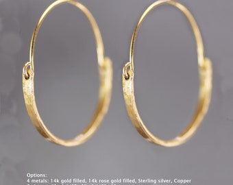 Circle Hoop earrings, Hammered, textured,  simple unique , Free US shipping, 4 material options of copper silver gold and rose gold filled