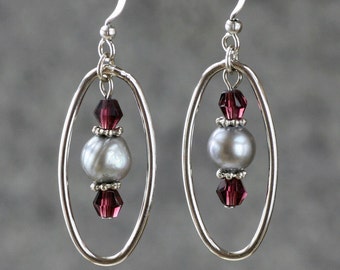 Hoop charcoal pearl burgundy crystal dangle earrings, free US shipping, gift for her, wedding gift, anniversary gift