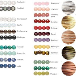 Pu&ograve; includere: Un grafico che mostra diversi tipi di perline e filo per la creazione di gioielli. Le perline sono disposte in file per colore e materiale, tra cui perla bianca, perla nera, cristallo di quarzo, opale, quarzo affumicato, onice nero, turchese, amazonite, sodalite, lapislazzuli, quarzo rosa, corallo rosa, quarzo fragola, corniola, corallo rosso, granato, ametista, giada gialla, occhio di tigre, giada verde, malachite e giada oliva. Il filo &egrave; disposto in file per materiale, tra cui argento, 14k oro pieno, 14k oro rosa pieno, metallo grigio e rame.