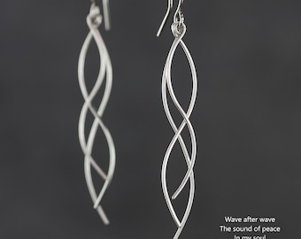 Long Wavy dangle earrings, unique handmade, Free US shipping, 4 material options: sterling silver, 14k gold and rose gold filled, copper