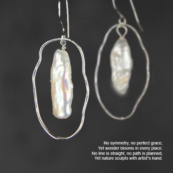 Pearl organic hoop dangle earrings, handmade unique, free US shipping