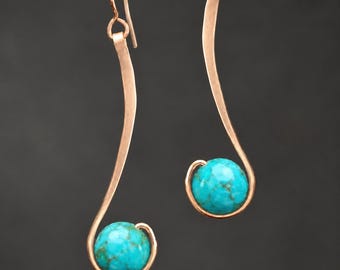 Copper turquoise long Dangle Earrings, Forged Wire flowing line Jewelry, Handmade