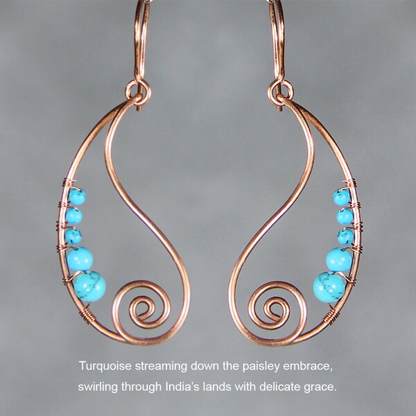 Copper earrings, turquoise earrings, wiring earrings, teardrop earrings, hoop earrings, handmade jewelry, free US shipping