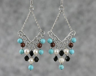 Turquoise pearl obsidian chandelier dangle earrings, gift for her, handmade jewelry, free US shipping, wedding gift, birthday gift