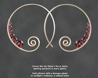 Spiral hoop earrings, simple unique, 4 options: sterling silver, gold filled rose gold filled, copper, 22 stones includes garnet