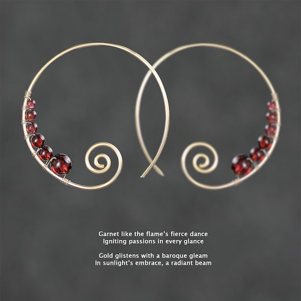 Spiral hoop earrings, simple unique, 4 options: sterling silver, gold filled rose gold filled, copper, 22 stones includes garnet