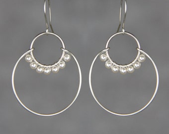 Abstract pearl/stone/bead double hoop earrings, handmade jewelry, anniversary gift, wedding gift, birthday gift, free US shipping