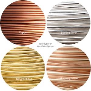 K&ouml;nnte beinhalten: Vier kreisf&ouml;rmige Darstellungen von Metalldraht mit der Beschriftung Four Types of Metal Wire Options. Die Abschnitte zeigen Kupfer, Sterlingsilber, 14k goldgef&uuml;llten und 14k ros&eacute;goldgef&uuml;llten Draht, jeweils mit metallischer Farbe und Textur.