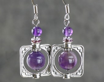 Amethyst square frame earrings, bridesmaid gift, gift for her, wedding gift, birthday gift, anniversary gift, gift for mom, free US shipping