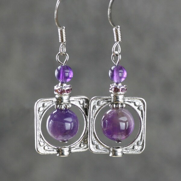 Amethyst square frame earrings, bridesmaid gift, gift for her, wedding gift, birthday gift, anniversary gift, gift for mom, free US shipping