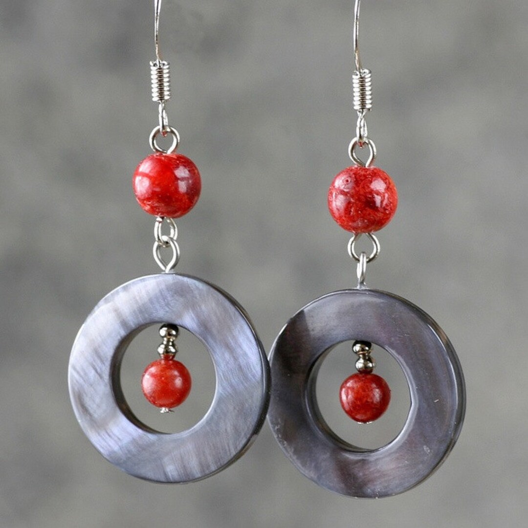Red Coral Shell Hoop Earrings Bridesmaids Gifts Free US - Etsy
