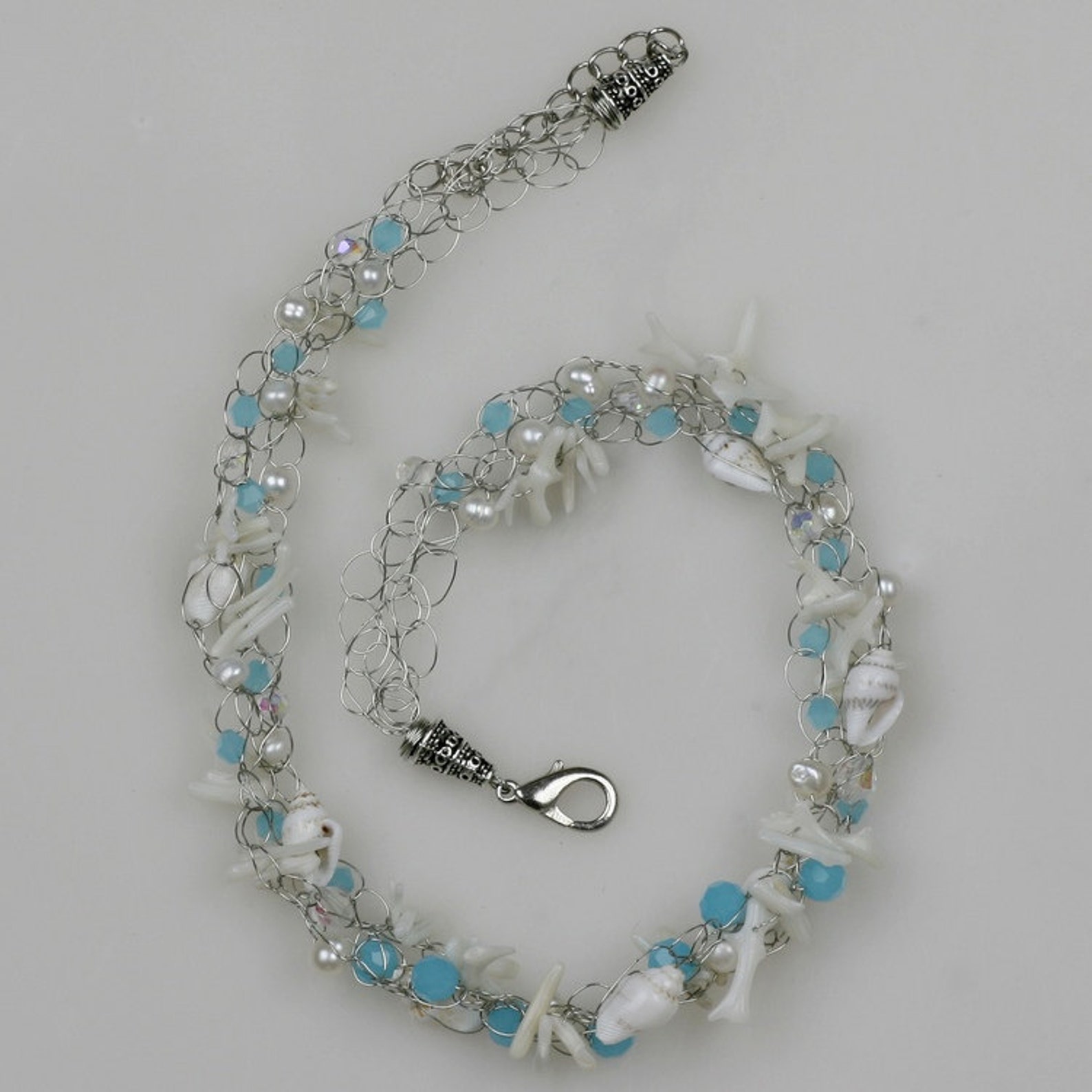 Chunky Crochet Wiring Shell Pearl Teal Choker Necklace Etsy