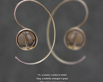 Taiji hoop earrings, smoky quartz, 14 k Gold filled , 14k rosegold filled, sterling silver, copper, Bridal gifts, Free US Shipping,
