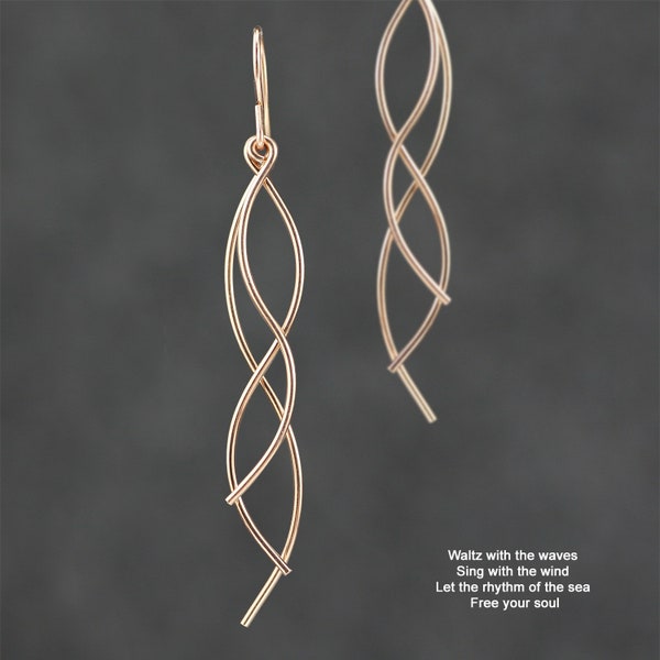 Long wavy Dangle earrings, Handmade jewelry, unique, Free US Shipping, 4 options of sterling silver, 14k gold and rose gold filled, copper