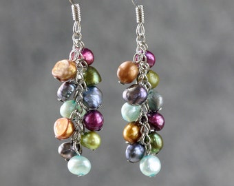 Colorful pearl, dangle earrings, pearl earrings, chandelier earrings, Bridesmaid gifts, handmade jewelry, Free US Shipping