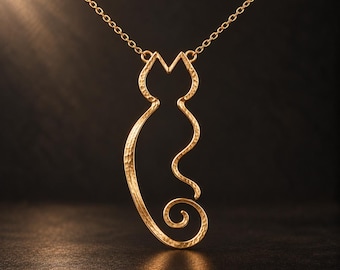 Liquid Cat Pendant Necklace, Abstract cat Line Art, Hammered Rose gold Jewelry