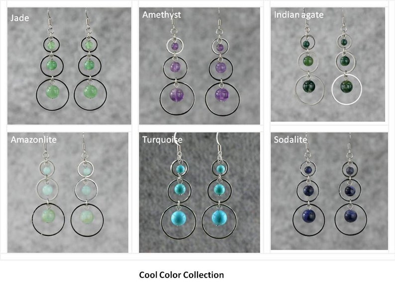 May include: A collection of earrings featuring different gemstones in cool colors. The earrings are made with silver hoops and feature three gemstone beads in each earring. The gemstones include jade, amethyst, Indian agate, amazonite, turquoise, and sodalite. The earrings are labeled with the name of the gemstone. The text "Cool Color Collection" is at the bottom of the image.
