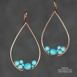 Teardrop hoop earrings, unique handmade,free US shipping, 4 metals: copper silver, gold and rose gold filled, 22 stones including turquoise