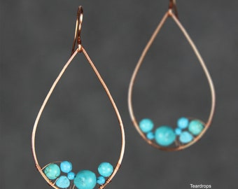 Teardrop hoop earrings, unique handmade,free US shipping, 4 metals: copper silver, gold and rose gold filled, 22 stones including turquoise