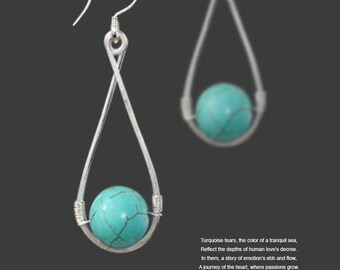 Teardrop dangling earrings, 22 stones options including turquoise, 4 metals of sterling silver, gold and rose gold filled, copper