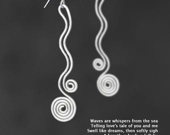 Long wavy earrings, Sterling silver, Handmade jewelry, Free US shipping