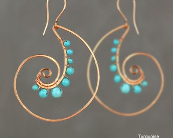 Spiral shell earrings,Turquoise earrings,Hoop earrings,Personalized jewelry, Free US shipping