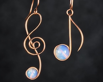 Treble Clef Earrings, Music Jewelry, rose gold wire wrapping opalite stone