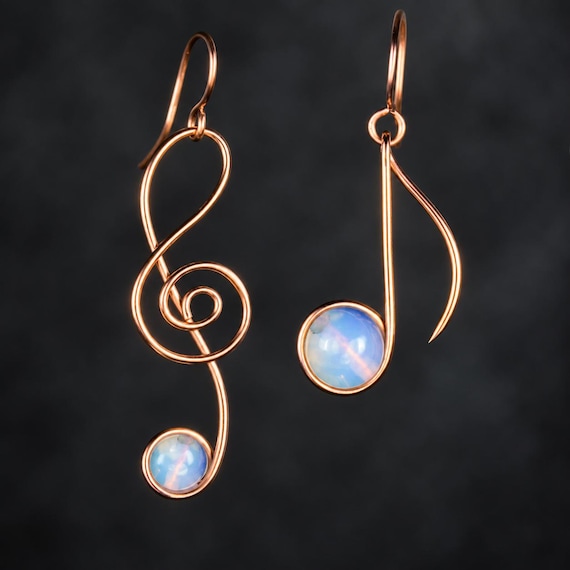 Treble Clef Earrings, Music Jewelry, rose gold wire wrapping opalite stone