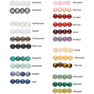 May include: A chart showing different types of beads, including pearl white, pearl black, rose quartz, pink coral, carnelian, quartz crystal, opalite, smoky quartz, black onyx, calcite, turquoise, amazonite, sodalite, lapis, green jade, malachite, and olive jade.