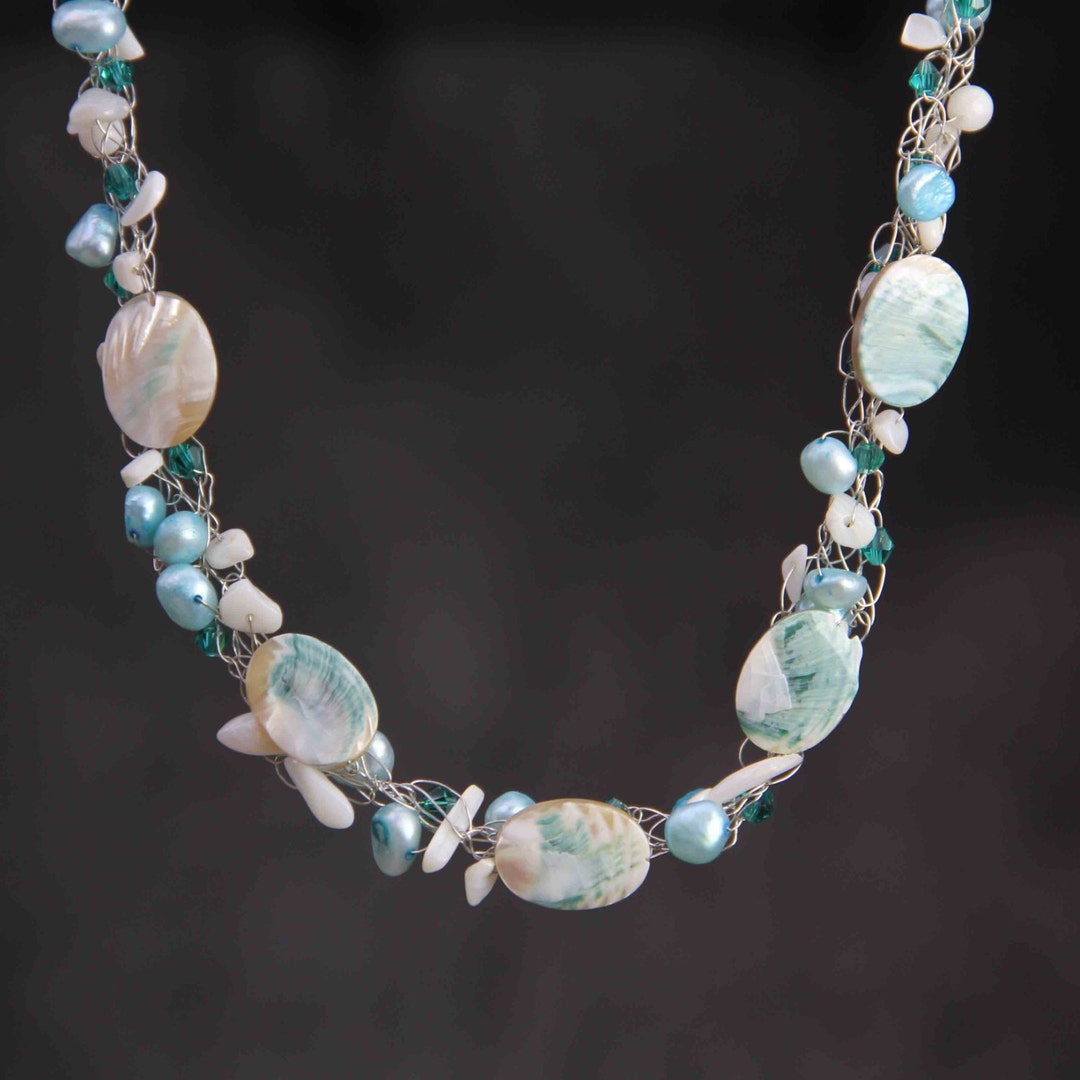 Crocheted Teal Pearl Shell Beaded Necklace Bridesmaid Gift - Etsy