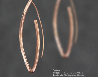 Oval Hoop earrings, Hammered, textured,  simple unique , Free US shipping, 4 options of copper sterling silver 14k gold and rose gold filled