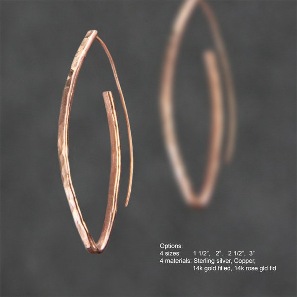 Oval Hoop earrings, Hammered, textured,  simple unique , Free US shipping, 4 options of copper sterling silver 14k gold and rose gold filled
