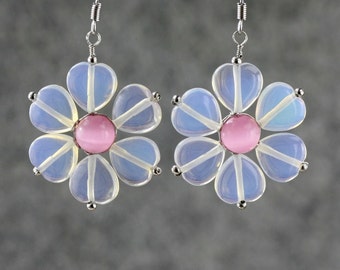 Moon stone pink flower earrings, bridesmaid gift, gift for her, wedding gift, birthday gift, anniversary gift, gift for mom,free US shipping