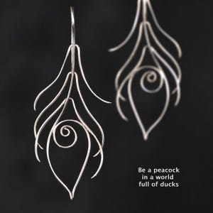 May include: A pair of silver-toned wire earrings shaped like stylized peacock feathers with a central spiral design. The text "Be a peacock in a world full of ducks" is printed in white in the lower right corner against a dark background.