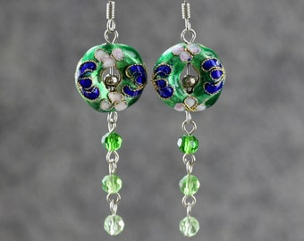 Green Cloisonne Chinese dangle earrings, bridesmaid gift, gift for her, wedding gift, birthday gift, anniversary gift, free US shipping