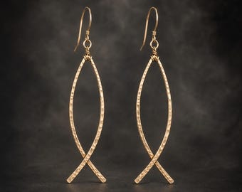 Christian Fish Earrings, Ichthys Earrings, Minimalist Christian Jewelry, Hammered Gold Filled Earrings, Faith Gift