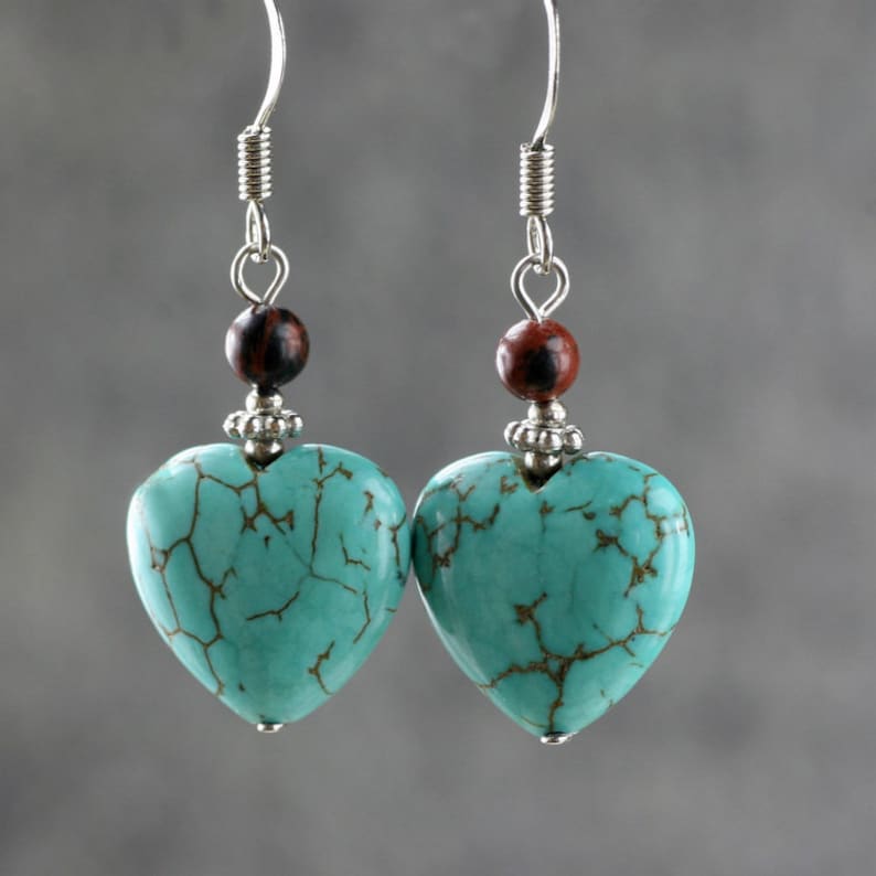 Turquoise heart drop earrings, bridesmaid gift, gift for her, wedding gift, birthday gift, free US shipping, handmade jewelry image 2